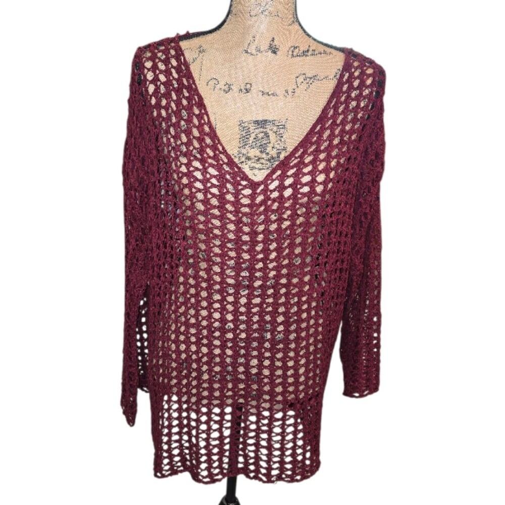 Zenobia Maroon Crochet Knit Sweater Top V Neck Long Sleeve Lightweight Pullover